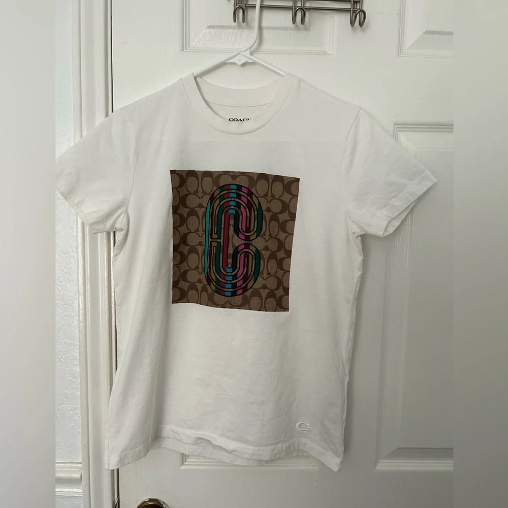 Coach White Tee with Brown Signature Square and Multicolor Logo